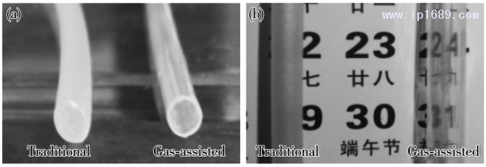 圖 4 傳統擠出和氣輔擠出的塑料微管的( a) 橫截面和( b) 表面質量對比